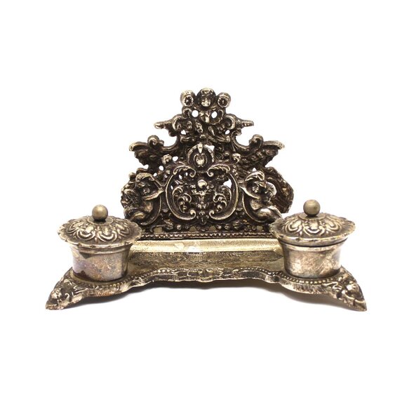 Rococo Style Silver Plated Brass Desktop Double Inkwell w/Cherubs Letter Holder - Picture 1 of 11